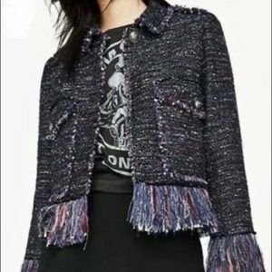 ZARA NAVY BLUE PURPLE FRINGED TWEED JACKET/BLAZER